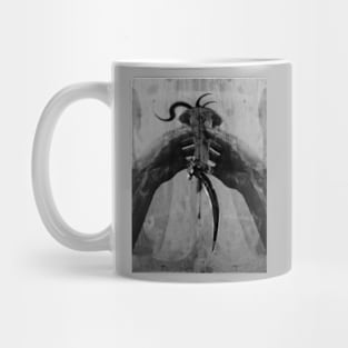 Special processing. My life is hard, and so the cup from what I drink. Man holding mystic scary cup. Grayscale. Mug